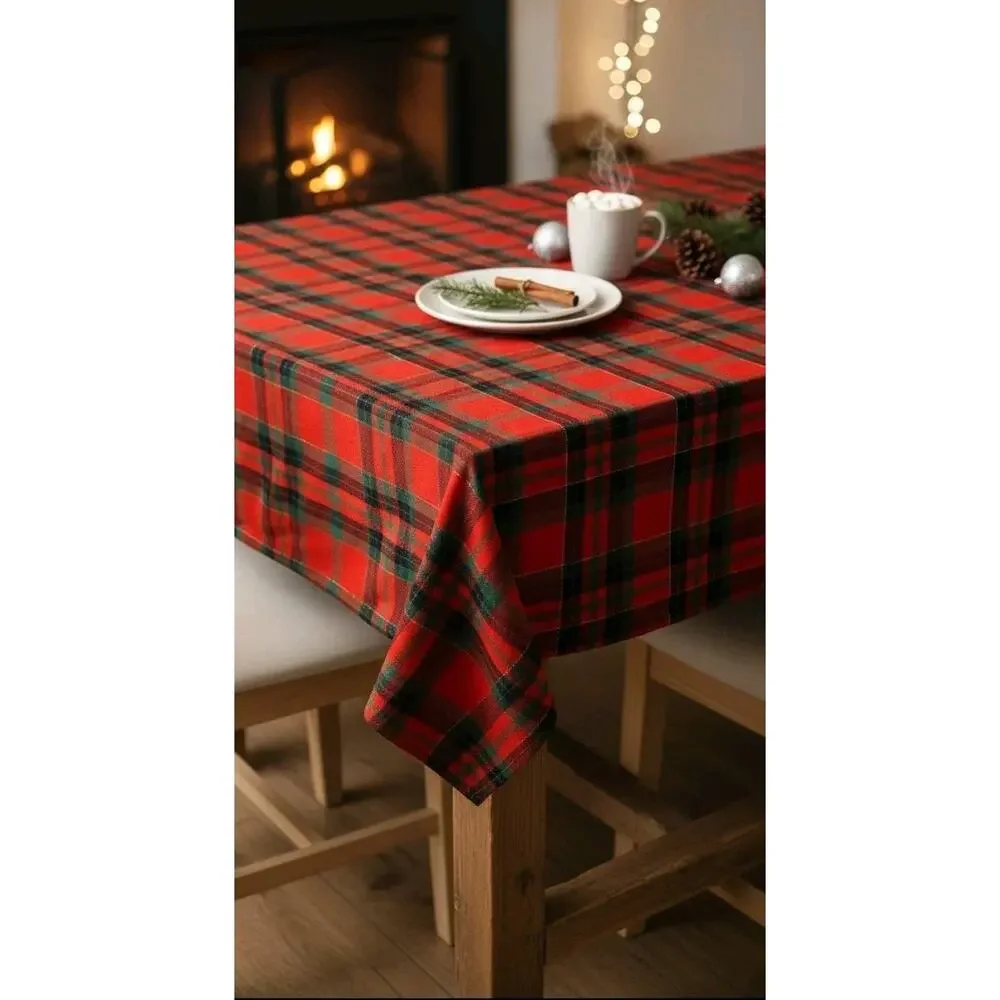 Vtg Red Green Plaid‎ Rectangle Farmhouse Country Cabin Lodge Tablecloth 78